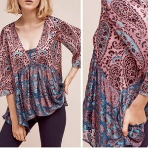Floreat Anthropologie Velvet Burnout Paisley Top Fairycore Whimsical Ethereal